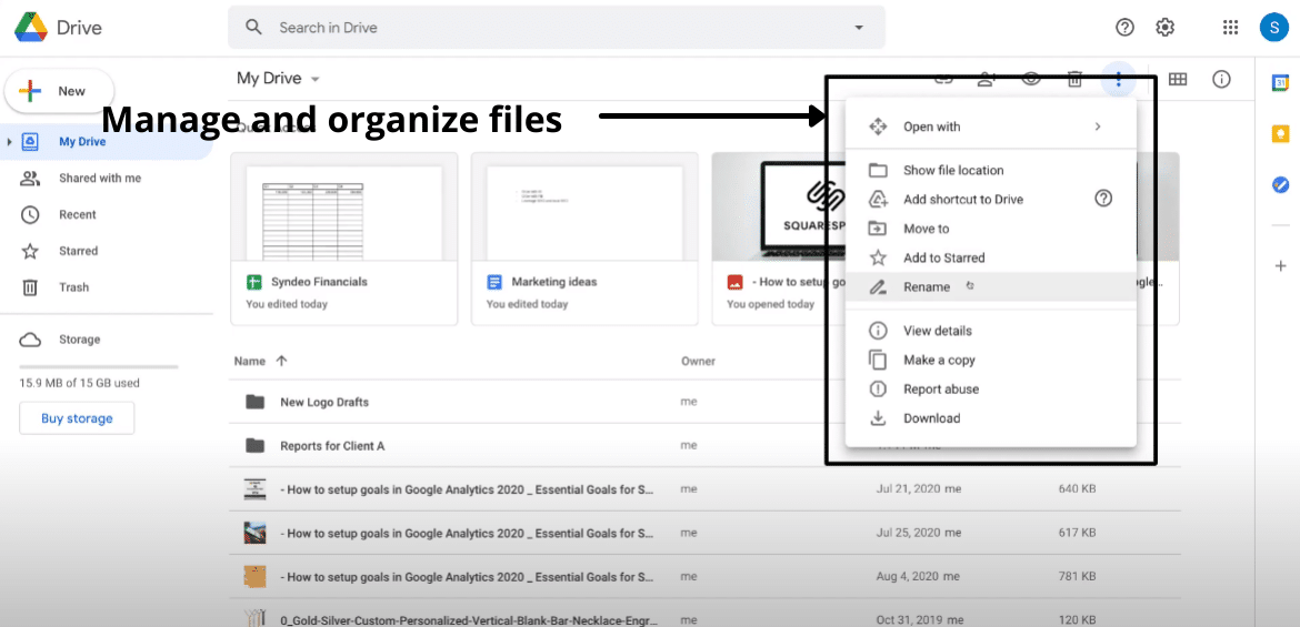 screenshot of options for managing and organizing files in google drive