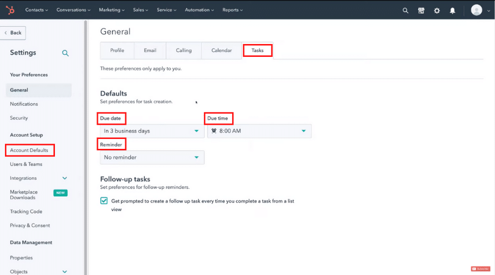 Setup Preferences for Task Creation