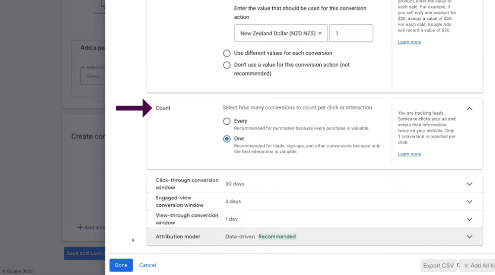 Conversion count settings