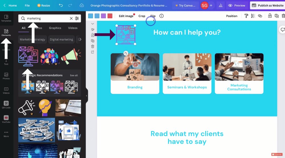 Add elements to your free Canva website