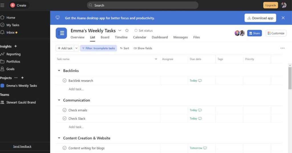 Asana task management