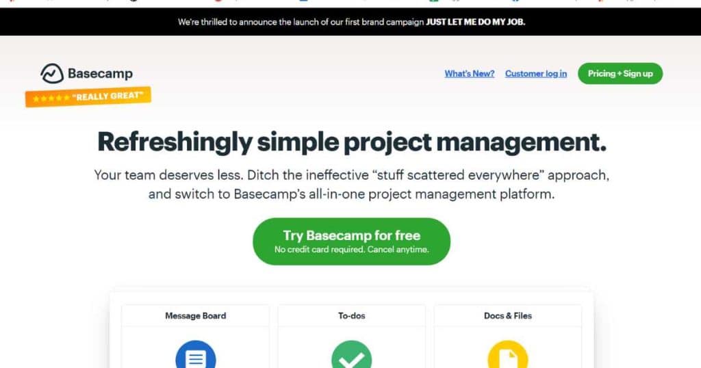 Basecamp homepage