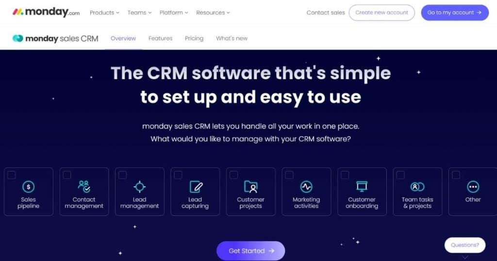 Monday CRM homepage