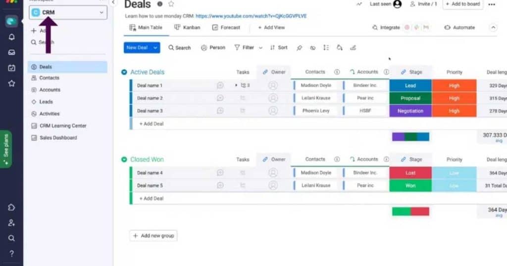 Monday.com CRM sales pipeline