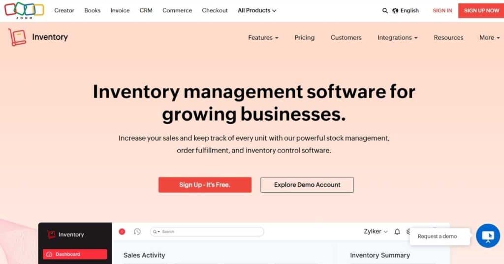 Zoho Inventory homepage