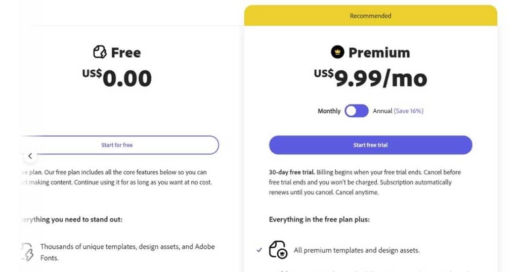 Adobe Express pricing June 2023