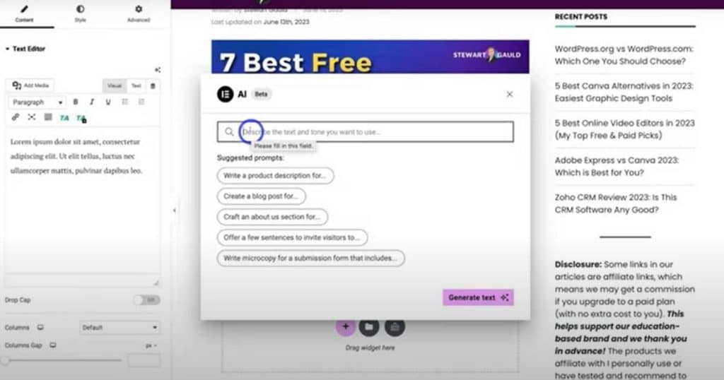 Elementor AI text generator