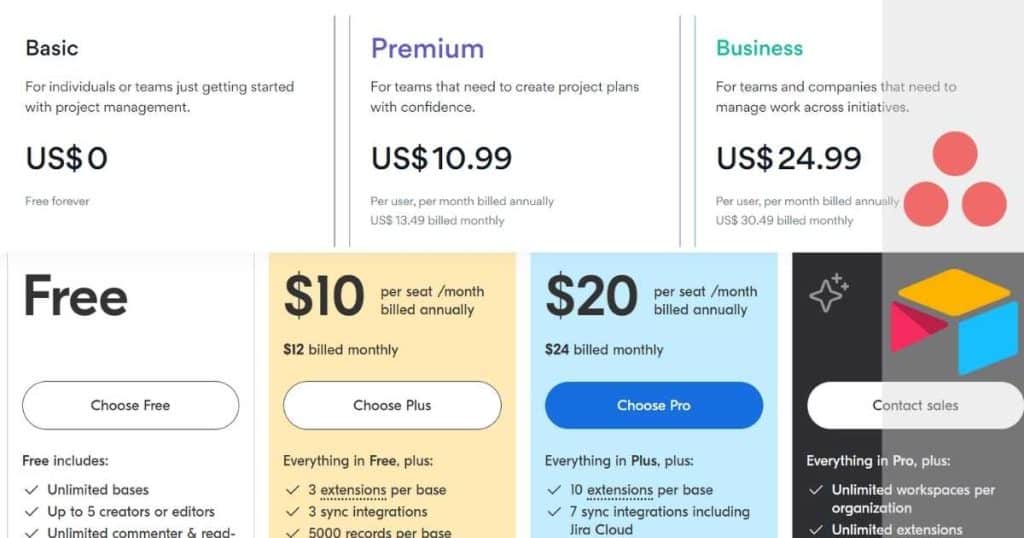 Airtable vs Asana pricing