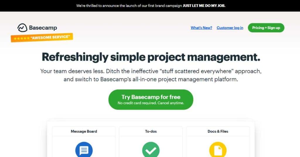 Basecamp homepage