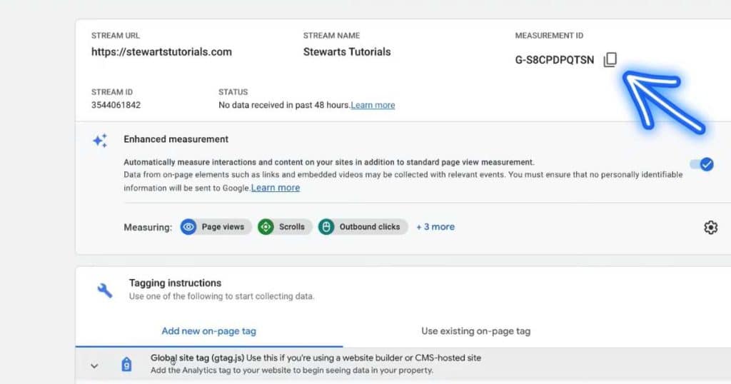 Google Analytics paste in the Measurement ID