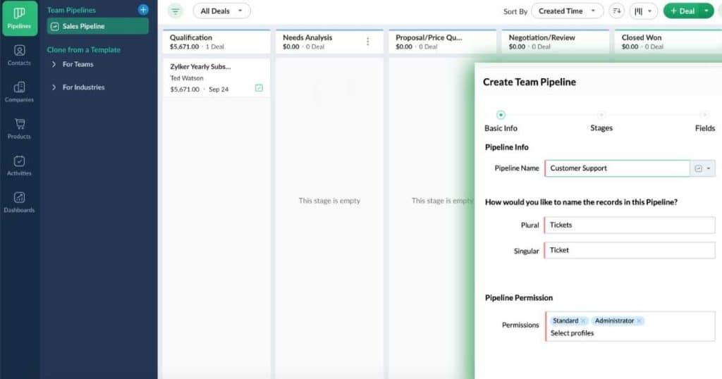 Bigin CRM by Zoho Team and Sub Pipelines