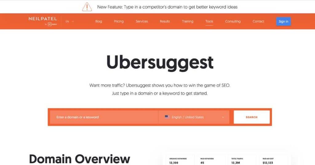 Ubersuggest homepage