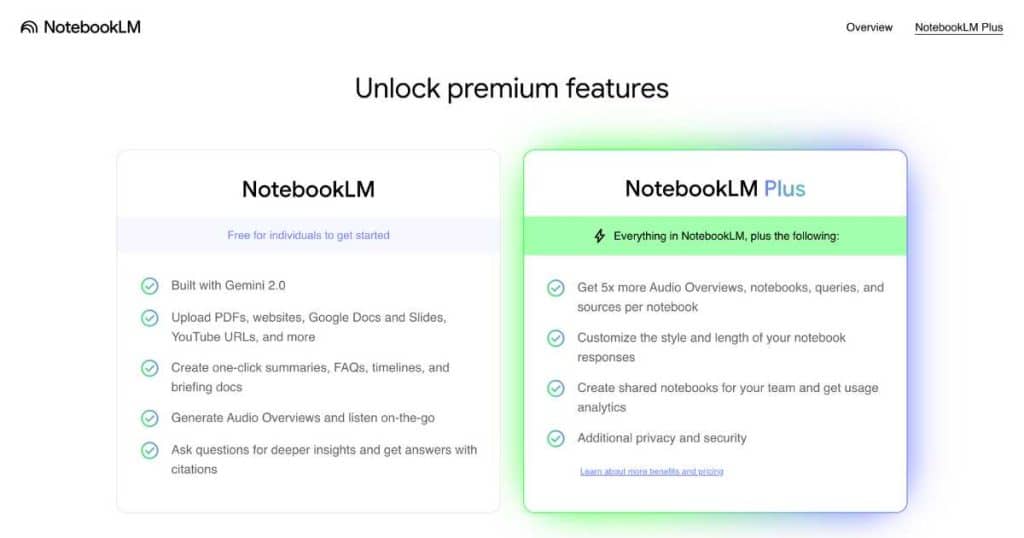 NotebookLM vs NotebookLM Plus